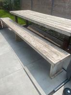 Steigerhouten tuintafel (300cm) stalen poten & bank (350cm), Tuin en Terras, Ophalen, Gebruikt, Rechthoekig, Hout