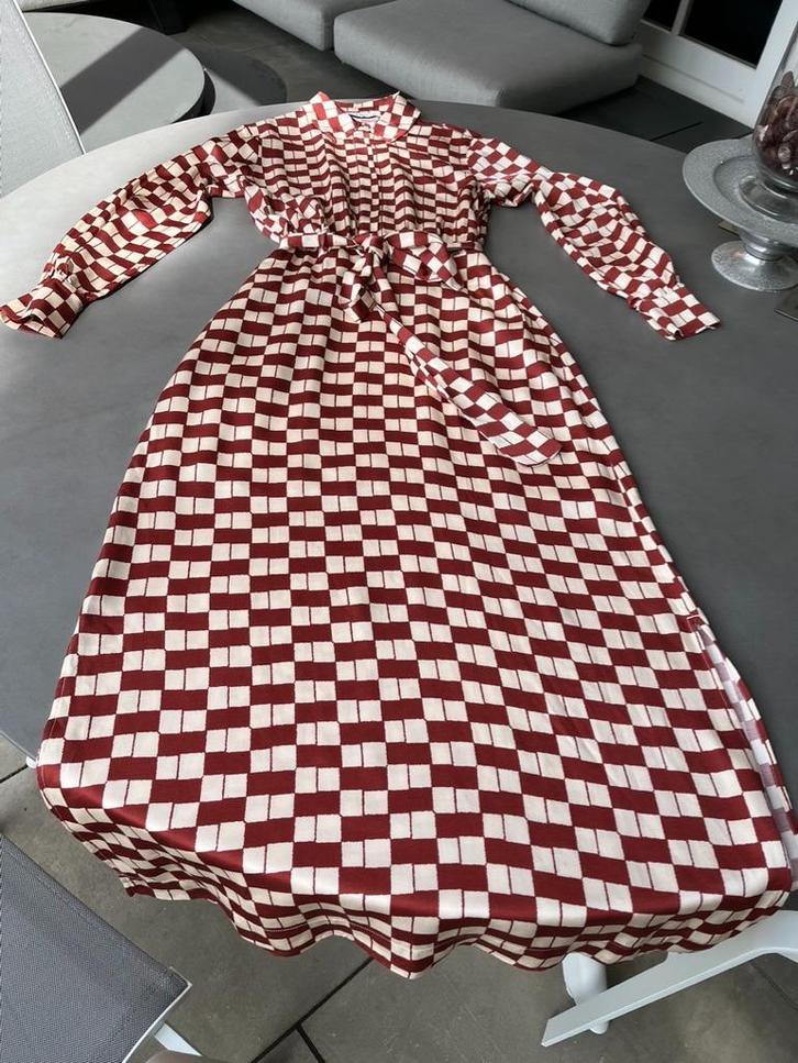 Rood-bruin / ecru geblokte Vanilia maxi jurk, maat 38/40, Kleding | Dames, Jurken, Zo goed als nieuw, Maat 38/40 (M), Overige kleuren