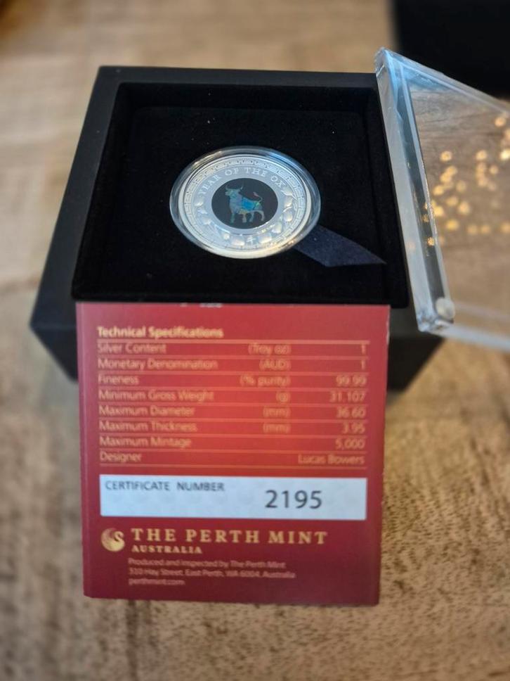 zilveren en opal Lunar ox 1oz munt Proof!, Postzegels en Munten, Edelmetalen en Baren, Zilver, Ophalen of Verzenden