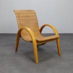 Rare Armchair in Wood and Woven Rattan, 1960s, Huis en Inrichting, Fauteuils, Ophalen, Riet of Rotan, Gebruikt, 75 tot 100 cm