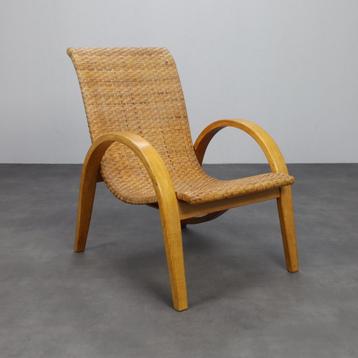 Rare Armchair in Wood and Woven Rattan, 1960s beschikbaar voor biedingen