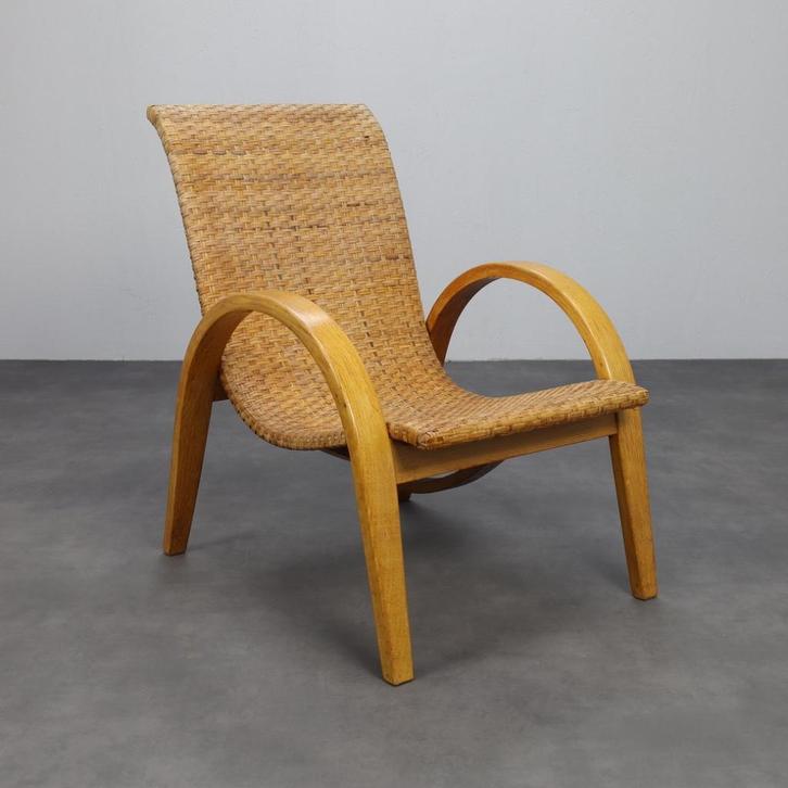 Rare Armchair in Wood and Woven Rattan, 1960s, Huis en Inrichting, Fauteuils, Gebruikt, Hout, Riet of Rotan, 50 tot 75 cm, 75 tot 100 cm
