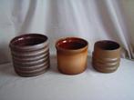 3 vintage aardewerk bloempotten geel bruin jaren 70, Gebruikt, Rond, Binnen, Ophalen of Verzenden
