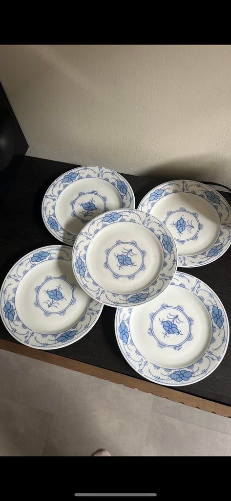 5x vintage borden Kahla – blauw/wit servies (Made in GDR), Ophalen of Verzenden