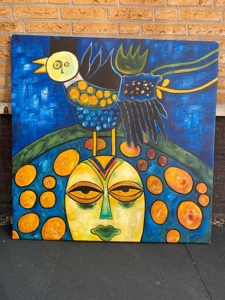 Kleurrijk Schilderij met Vogel en Masker, Antiek en Kunst, Kunst | Schilderijen | Klassiek, Ophalen