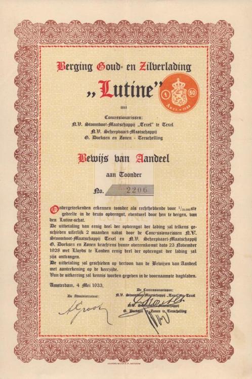 Schatzoekers aandeel: LUTINE - 1933, Postzegels en Munten, Aandelen en Waardepapieren, Aandeel, 1920 tot 1950, Ophalen of Verzenden