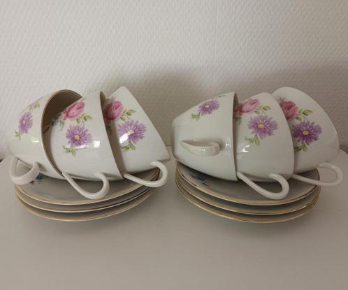 6 kop en schotel met anemonen en goudkleurige bies Seltmann, Antiek en Kunst, Antiek | Servies los, Ophalen of Verzenden