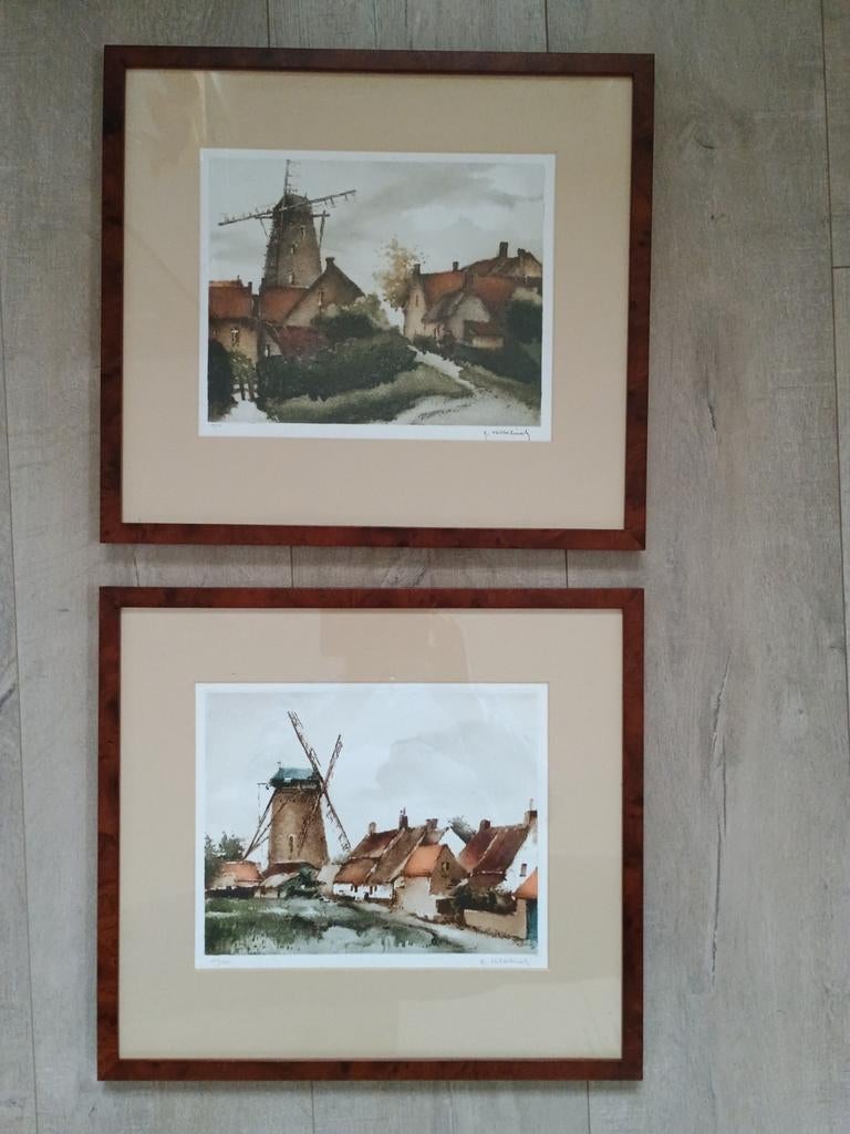 Twee ingelijste etsen van Roger Hebbelinck, Antiek en Kunst, Kunst | Etsen en Gravures, Ophalen of Verzenden