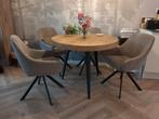 Ronde eikenhouten eettafel tafelblad op metalen poten, Ophalen, 50 tot 100 cm, Zo goed als nieuw, Vier personen