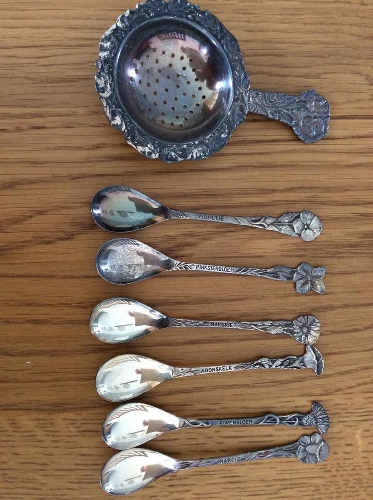 Antieke Verzilverde Keukenbenodigdheden Set - Theezeef, Lepe, Antiek en Kunst, Antiek | Keukenbenodigdheden, Ophalen of Verzenden