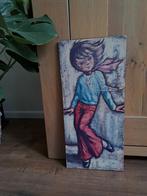 Vintage schilderij hardboard meisje broek/trui/sjaal 48-22cm, Ophalen of Verzenden