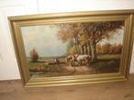 Large oil - Signed Verschuur, Horses having a rest., Antiek en Kunst, Ophalen of Verzenden