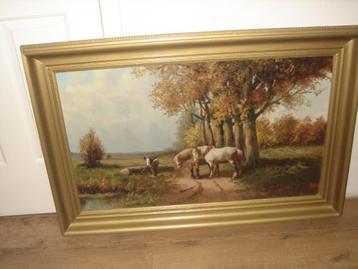 Large oil - Signed Verschuur, Horses having a rest. beschikbaar voor biedingen