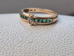 Vintage gouden ring 18 karaat met diamant & smaragd, Gebruikt, Ophalen of Verzenden, Kleiner dan 17, Met edelsteen