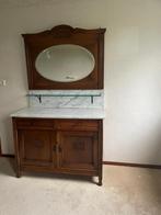 Antieke wastafel kast met spiegel en marmeren blad., Antiek en Kunst, Ophalen