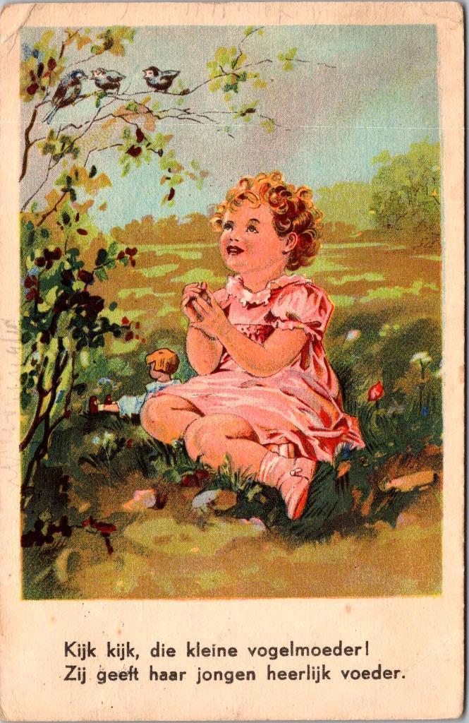 Kijk die kleine vogelmoeder - Antieke ansichtkaart kind rijm, Verzamelen, Ansichtkaarten | Themakaarten, Gelopen, 1940 tot 1960