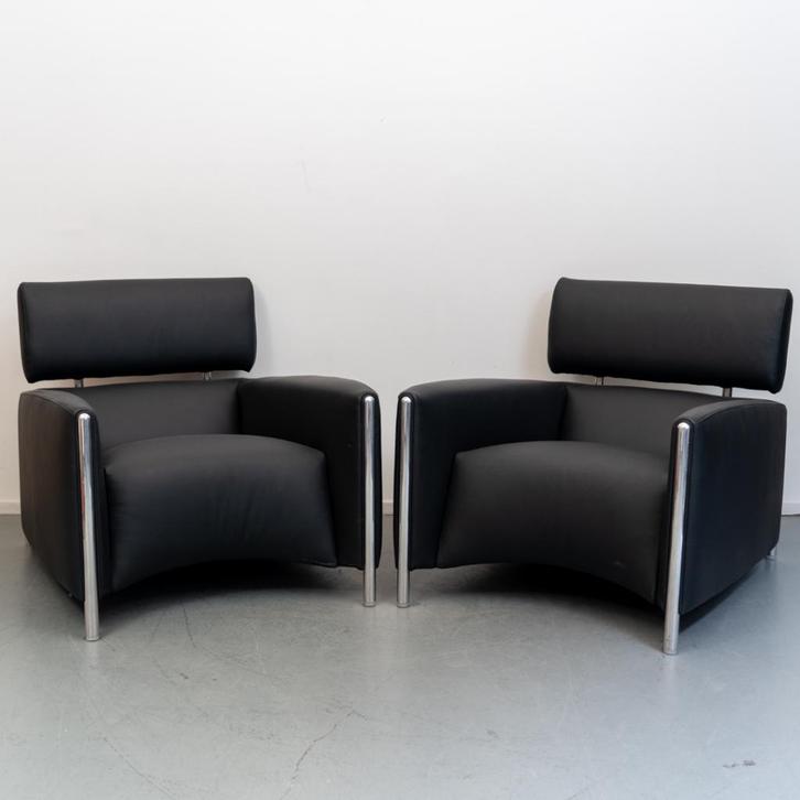 2x Leolux Oblomov fauteuils zwart leder - in nieuwstaat, Huis en Inrichting, Fauteuils