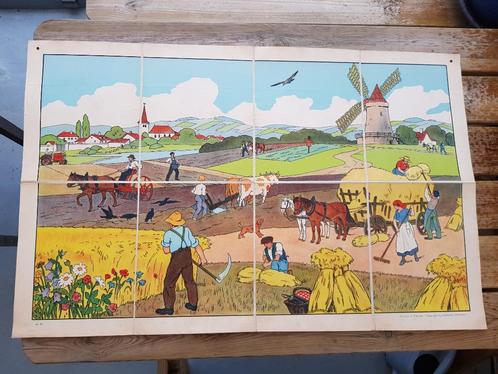 Hooi oogsten oude schoolplaat uit Frankrijk litho op canvas., Antiek en Kunst, Kunst | Litho's en Zeefdrukken, Ophalen of Verzenden