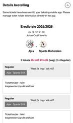 2 tickets Ajax Sparta zelfde rij, Twee personen