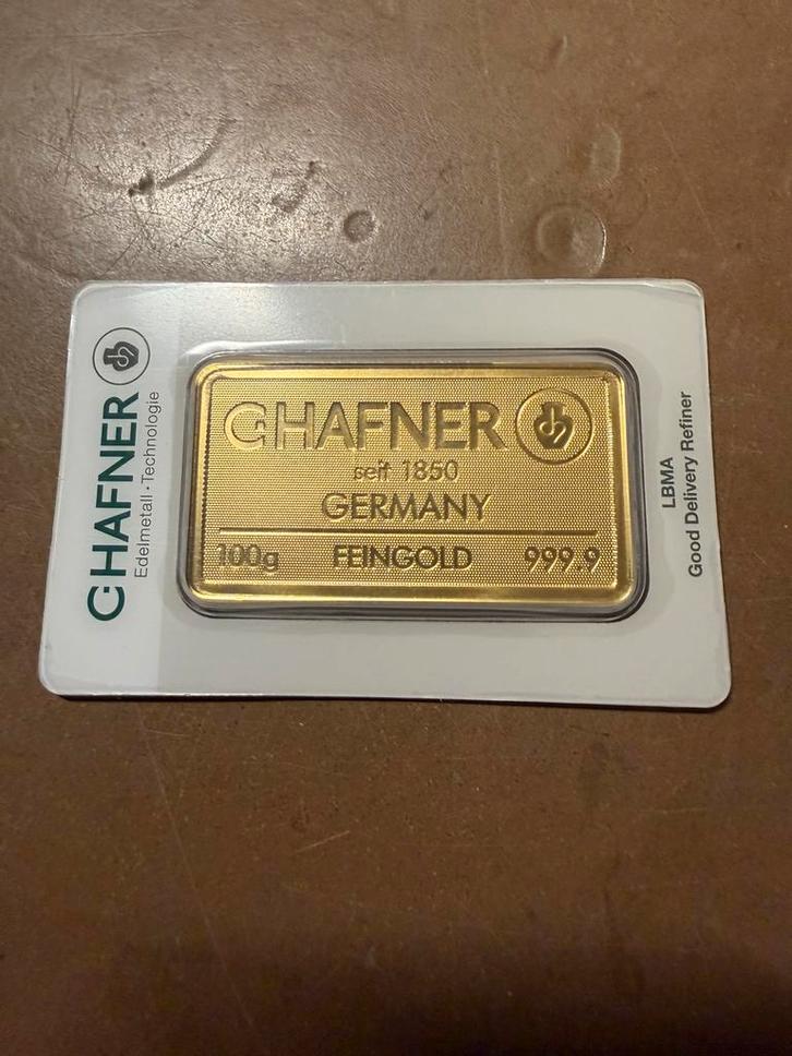 100 gram goudbaar Chafner, Postzegels en Munten, Edelmetalen en Baren, Goud, Ophalen of Verzenden