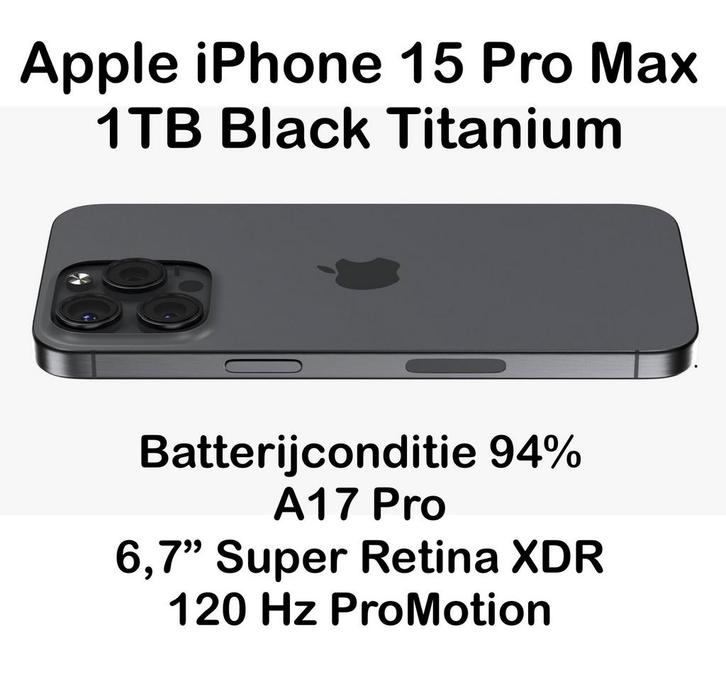 Apple iPhone 15 Pro Max 1TB Zwart A17 iOS26 94% +bookcase, Telecommunicatie, Mobiele telefoons | Apple iPhone, Zo goed als nieuw