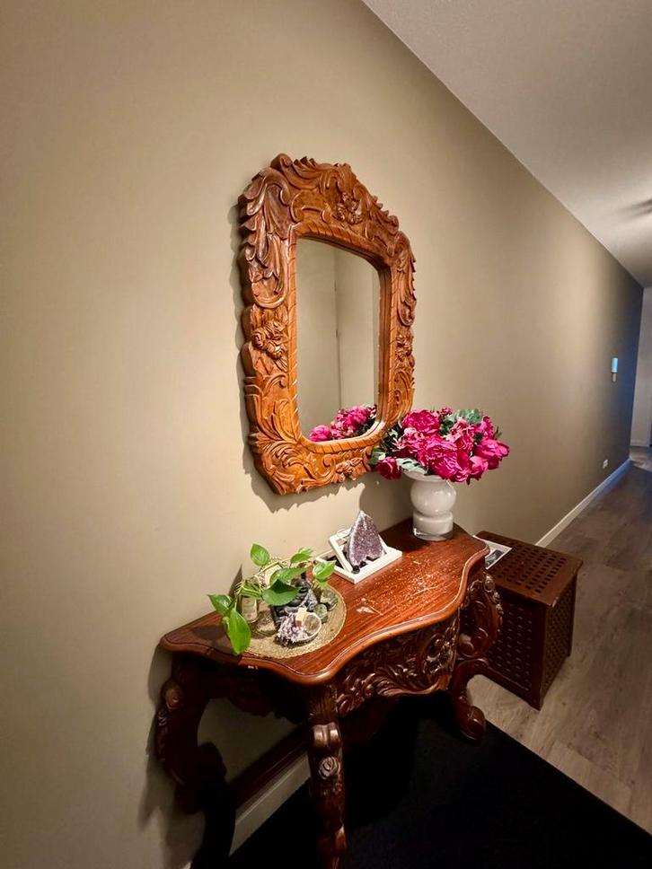 Barok haltafel console + spiegel Indonesië notenhout, Antiek en Kunst, Antiek | Spiegels, Rechthoekig, Ophalen