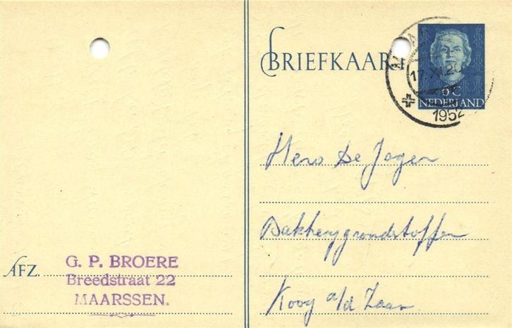 G.P. Broere, Maarssen - 11.1952 - briefkaart, Postzegels en Munten, Brieven en Enveloppen | Nederland, Briefkaart, Ophalen of Verzenden