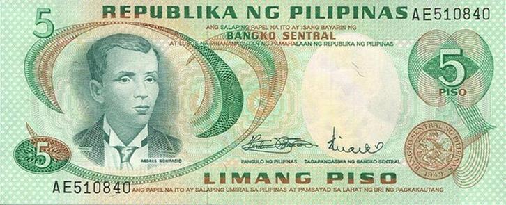 Filipijnen bankbiljet 5 Piso A. Bonifacio 1970 UNC (getint), Postzegels en Munten, Bankbiljetten | Azië, Los biljet, Zuidoost-Azië