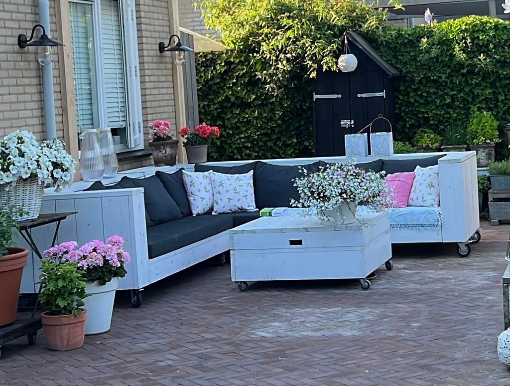 Steigerhouten loungeset 300 x 300 incl. Kussens en vuurtafel, Tuin en Terras, Ophalen, Gebruikt, Bank, Steigerhout
