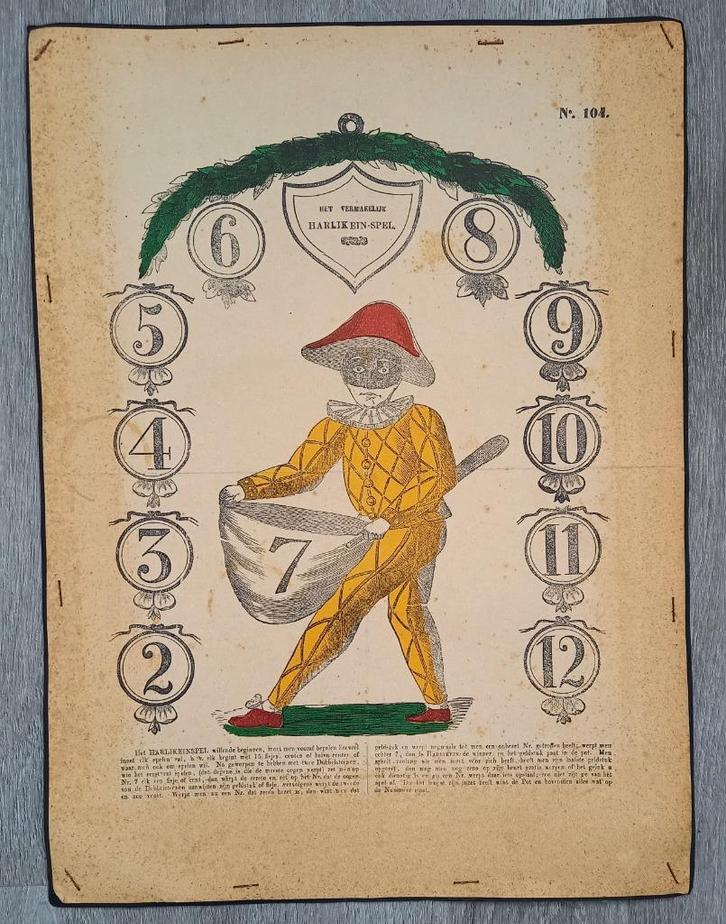 Houtsnede Antiek boordspel Het vermakelijk Harlikein-spel, Antiek en Kunst, Kunst | Etsen en Gravures, Ophalen of Verzenden