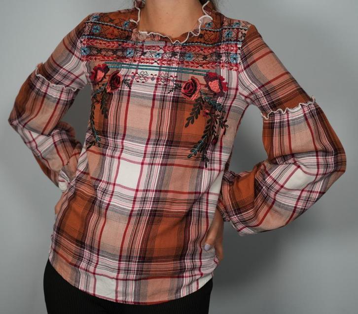Nice & Chic Embroidered Plaid Blouse – XS, Kleding | Dames, Blouses en Tunieken, Zo goed als nieuw, Maat 34 (XS) of kleiner, Roze