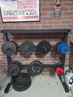 Complete set gietijzeren plates, rack en dumbells 242kg!!, Ophalen, Zo goed als nieuw, Dumbbell