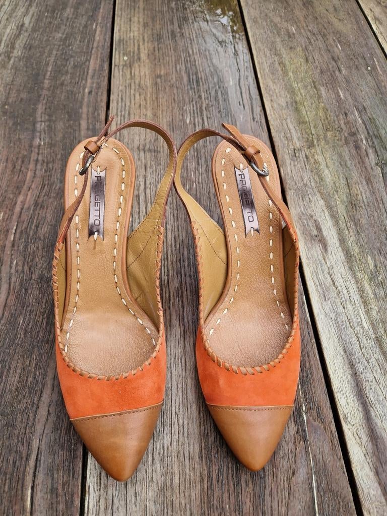 Dames hakschoenen pumps 39 merk Progetto leer oranje bruin, Bruin, Ophalen of Verzenden, Zo goed als nieuw, Schoenen met hoge hakken