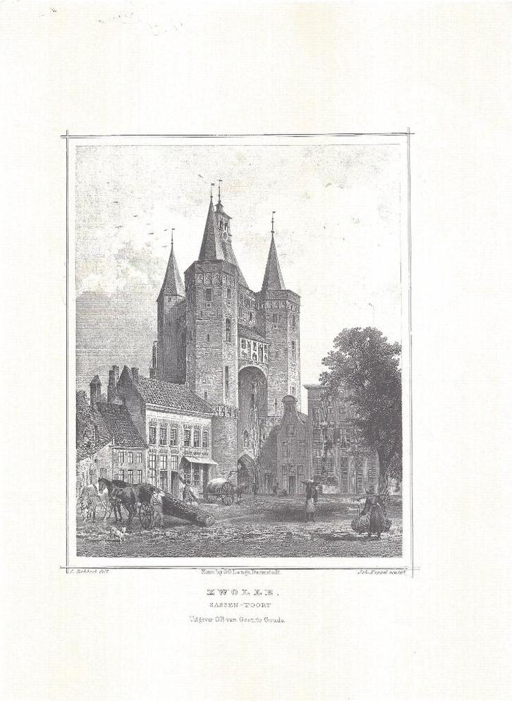 ZWOLLE Staalgravure Zwolle - o.a Sassen-Poort, Antiek en Kunst, Kunst | Etsen en Gravures, Ophalen of Verzenden