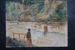 aquarel vrouwen steken rivier over, Indonesie, L.Herger 1952, Verzenden