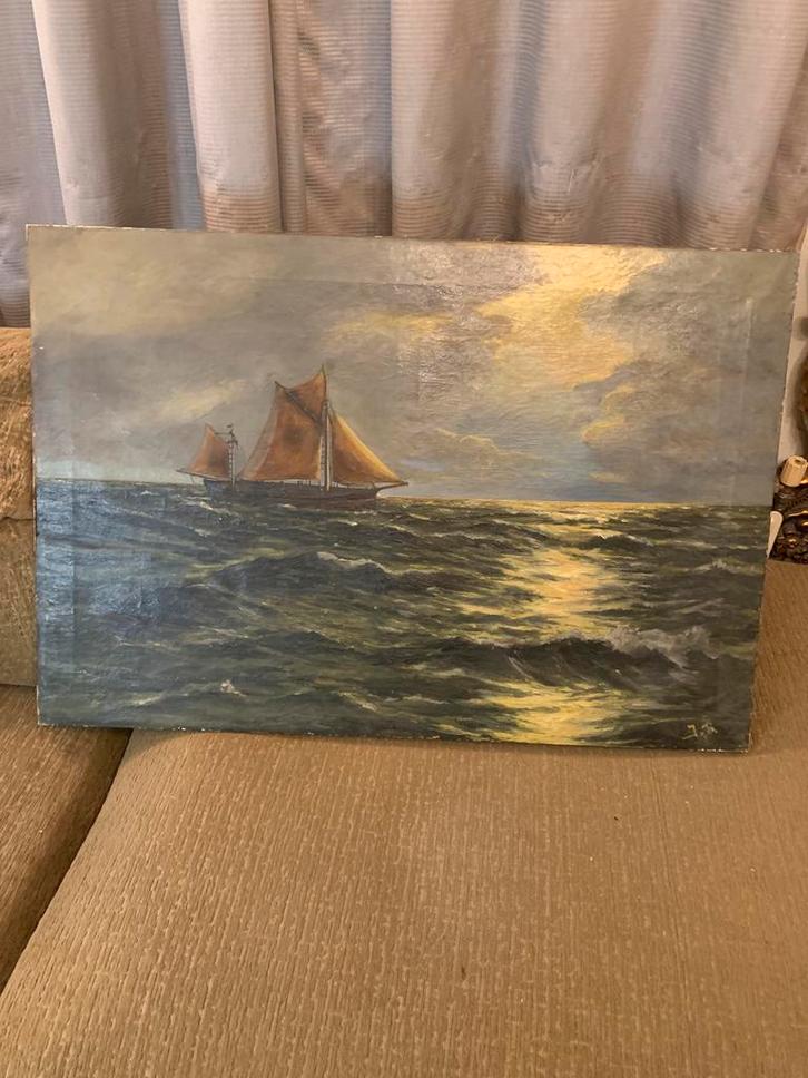 Schilderij: Zeilschip op zee hand geschilderd en gesigneerd, Antiek en Kunst, Kunst | Schilderijen | Klassiek, Ophalen of Verzenden