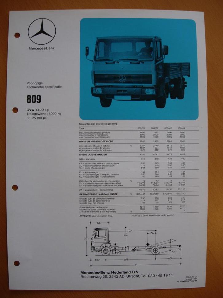 Mercedes 809 Technische Specificatie folder 1984, Boeken, Auto's | Folders en Tijdschriften, Zo goed als nieuw, Mercedes, Ophalen