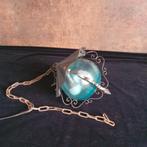 Vintage - Hanglamp - Plafondlamp - Blauw Glas -Metaal, Huis en Inrichting, Lampen | Hanglampen, Gebruikt, Ophalen of Verzenden