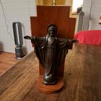 Koperen Jezus Christus op Houten Console 26x14 cm, Antiek en Kunst, Antiek | Religie, Ophalen of Verzenden