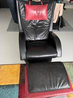 Zwart lederen fauteuil met voetenbank, Huis en Inrichting, Fauteuils, Ophalen, 75 tot 100 cm, 50 tot 75 cm