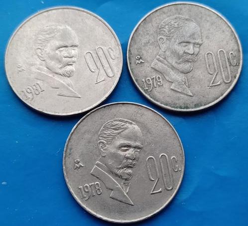 Mexico 3 x 20 centavos 1978, 1979 en 1981, Postzegels en Munten, Munten | Amerika, Setje, Zuid-Amerika, Verzenden