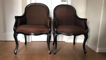 Meubels-stoelen-klaasiek- zwart frame en linnen bekleding. beschikbaar voor biedingen
