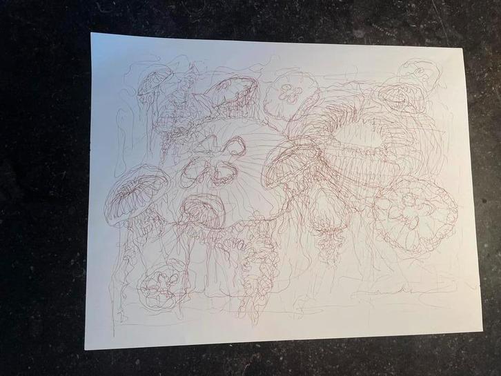 Abstracte tekening van kwallen Famke Rouseau, Antiek en Kunst, Kunst | Tekeningen en Foto's, Ophalen of Verzenden