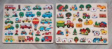 2x grote houten kinderpuzzel 30st, voertuigen en boerderij beschikbaar voor biedingen