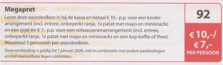 Megapret. Lievelde (Gld). Entree € 10,- / € 7,- p. p. Bon 92, Tickets en Kaartjes, Recreatie | Pretparken en Attractieparken, Drie personen of meer