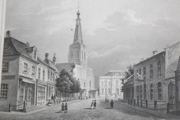 19e eeuwse ets (?) Markt, Groote Kerk en Stadhuis Tilburg  beschikbaar voor biedingen
