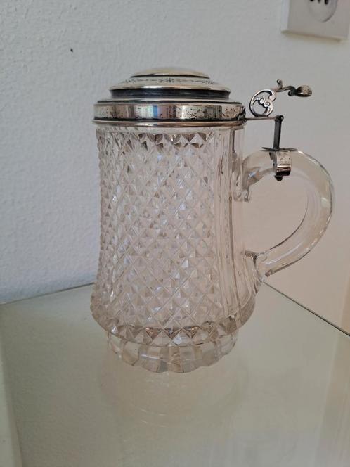 Antiek bierglas bierpul met zilveren klepdeksel., Antiek en Kunst, Antiek | Glas en Kristal, Ophalen of Verzenden
