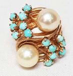 Ring 14 kt goud Parels en turkoois., Ophalen of Verzenden, Goud, Ring