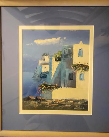 Schilderij van S. Acos. "Griekse huisjes langs het strand ". beschikbaar voor biedingen