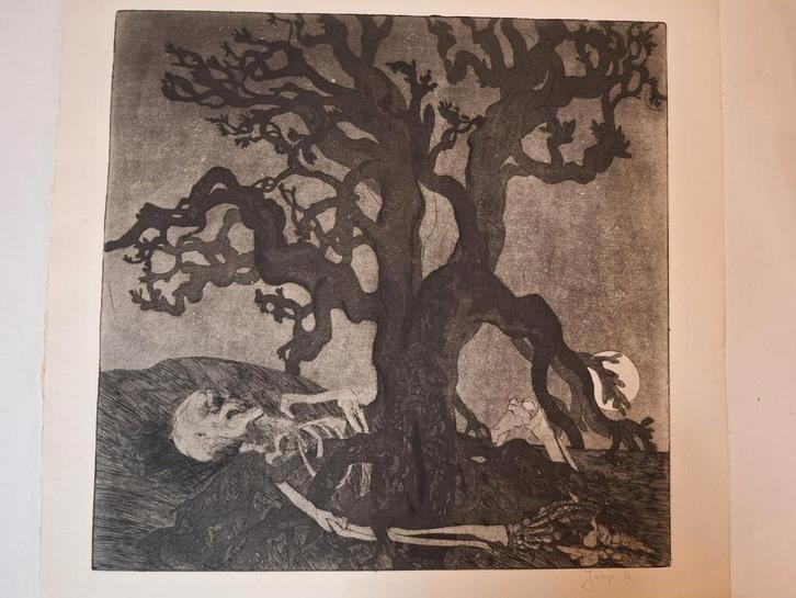 Ets van een skelet in een boom, Antiek en Kunst, Kunst | Etsen en Gravures, Ophalen of Verzenden